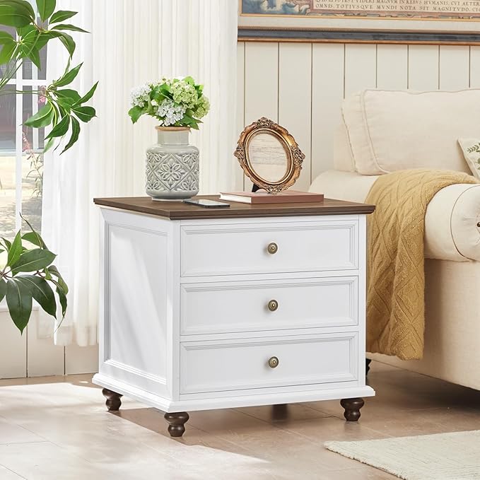 24" Wide Farmhouse Night Stand Set of 2,Large End Table with 3 Drawers & Metal Handle,White Wood Dresser for Bedroom Cabinet, Bed Side Table Chest of Drawers,Nightstand for Living Room,Closet