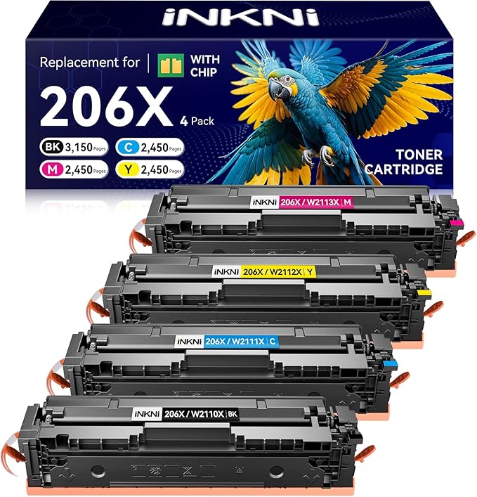206X Toner Cartridges 4 Pack High Yield - with Chip Compatible Replacement for HP 206X 206A for Color Laserjet Pro MFP M283fdw M283cdw M283fdn M282nw Pro M255dw M255nw Ink Cartridges W2110X W2110A