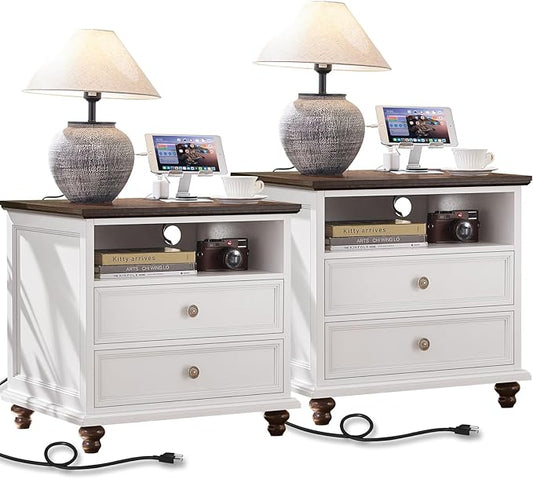 24" Wide Farmhouse Nightstand Set of 2 with Charging Station,End Table with 2 Drawers,White Wood Dresser for Bedroom Cabinet, Bed Side Table Chest of Drawers, Night Stand for Living Room, Closet