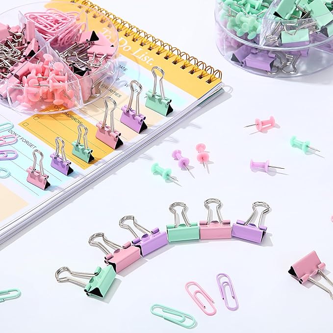 1560 Pcs Paper Clips and Binder Clips Assorted Sizes, Large Medium Small Binder Clip Paperclips Thumb Tacks, College Supplies Home Office Supplies Document Organizing(Pink, Purple, Green)