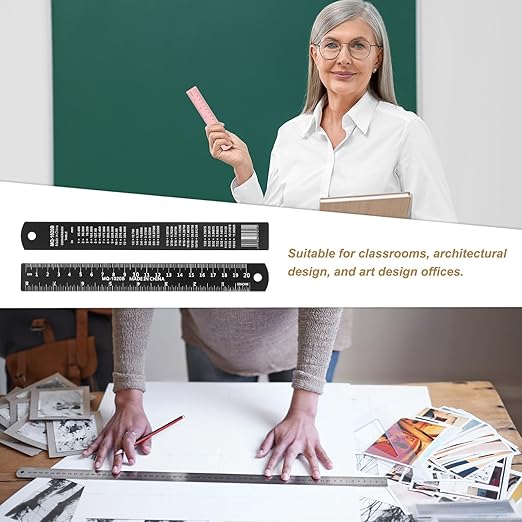 HARFINGTON 2pcs Metal Straight Ruler 20cm Metric SAE Aluminum Alloy Measuring Rulers Scale Tool with Hole for Measure Study Reading Classroom Office, Black