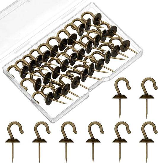 Hotop 30 Pieces Push Pin Wall Hooks Metal Thumb Tack Hangers Iron Alloy Nail Decorative Picture Hooks for 20 Lbs Home Office School Party Supply (Bronze)
