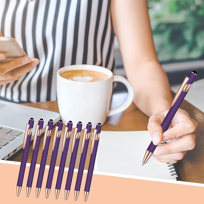 12 Pcs Blue Ink Ballpoint Pen with Stylus Tip, 1.0 mm Metal Pen Stylus Pen for Touch Screens, 2 in 1 Thank You Pen Gift for Office (Purple Rose Gold)