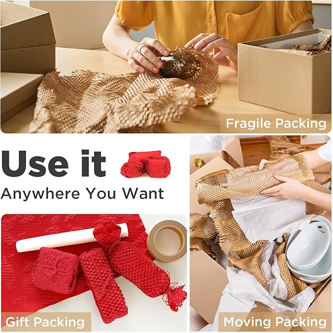 Honeycomb Packing Paper, 12"x400' Red | Perforated Honeycomb Packing Paper Recyclable Moving Supplies for Shipping & Moving | Plastic-Free Alternative to Bubble Cushion Wrap with 36 Fragile Stickers