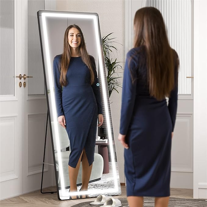 Hasipu Full Length Mirror with Lights, 61" x 22" LED Floor Mirror, Full Body Dressing Standing, Hanging Mounted Mirror for Living Room Bedroom Cloakroom, Round Black