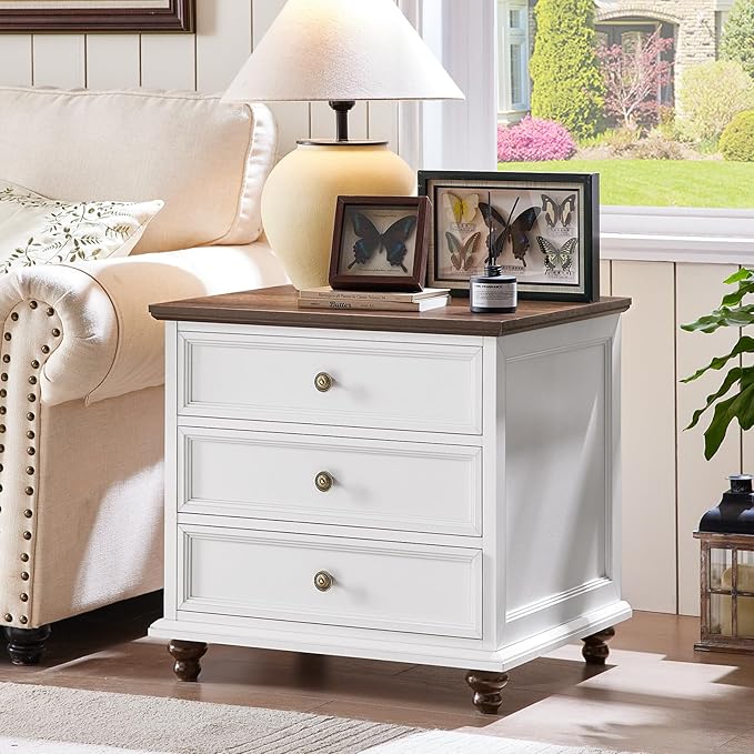 24" Wide Farmhouse Night Stand Set of 2,Large End Table with 3 Drawers & Metal Handle,White Wood Dresser for Bedroom Cabinet, Bed Side Table Chest of Drawers,Nightstand for Living Room,Closet