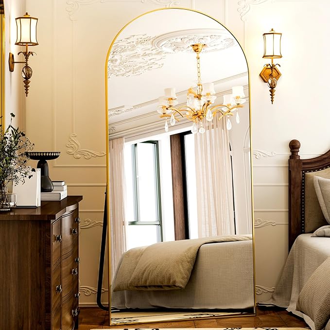 GLSLAND-38x77 inch Arched Full Length Mirror - Floor Mirrors Aluminum Alloy Frame Full Body Dressing Mirror for Bedroom Living Room,Gold