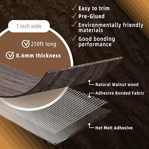 GSCIT Club Walnut Edge Banding, 1 inch x 250ft roll of Veneer Plywood Edge Banding Preglued Flexible, Wood Tape Banding for Cabinet Repair