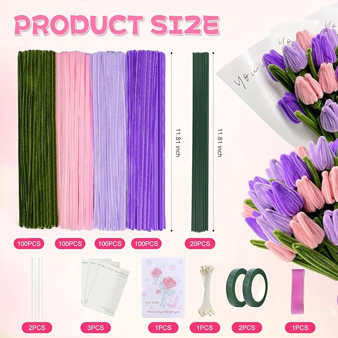 400 Pcs Chenille Stems Flowers Craft Kit,4 Colors Pipe Cleaners Bulk for DIY Floral Arrangements with Floral Wires, Gardening Tape,Hot Glue Stick,Greeting Card,Bouquet Paper, Stamen & Ribbon
