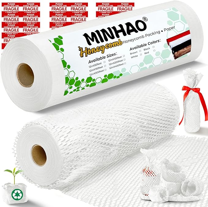 Honeycomb Packing Paper, 12"x200' White | Perforated Honeycomb Packing Paper Recyclable Moving Supplies for Shipping & Moving | Plastic-Free Alternative to Bubble Cushion Wrap with 36 Fragile Stickers