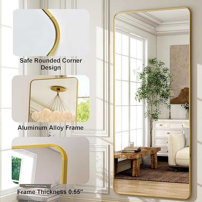 HARRITPURE 71x32 inch Rounded Full Length Mirror Aluminum Frame Gold Mirror Full Length Floor Mirror with Stand for Living Room Bedroom Cloakroom
