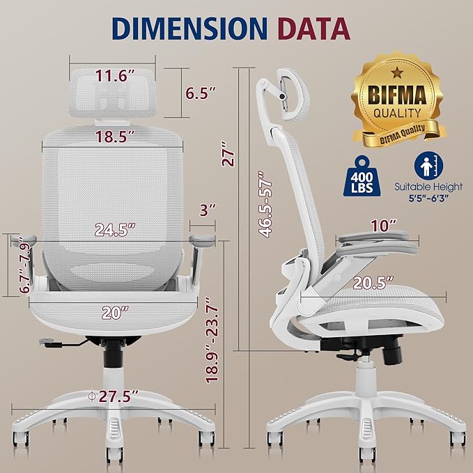 GABRYLLY Ergonomic Office Chair, High Back Home Desk Chair with Headrest, Flip-Up Arms, 90-120° Tilt Lock and Wide Cushion, 400LBS Mesh Chairs for Man Woman, White Task Chair(Grey,GY01WG)