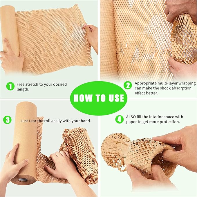 Honeycomb Packing Paper, MINHAO 15"x400' Eco Friendly Packing Paper for Moving Recyclable Honeycomb Paper Moving Supplies Bubble Paper Wrapping Protective Roll, With 36 Fragile Sticker Labels