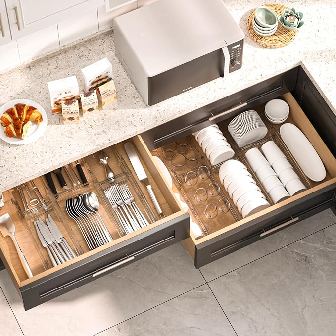 HiYZ Expandable Drawer Dividers - 12.6-22.8'' Adjustable Drawers Organizers for Kitchen Utensils, Drawer Separators in Bedroom, Dresser, Office, Bathroom, Fridge, 3 Pack Long Dividers-Clear