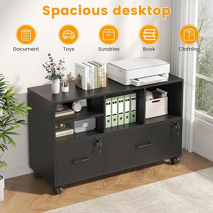 2 Drawer Wood Mobile Large Lateral File Cabinet with Lock, Lockable Rolling Filing Cabinet with Storage Shelves, Printer Stand Office Storage for Home Office Fits Files Legal/A4,Black