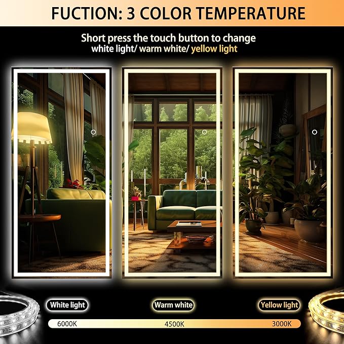 Hasipu Full Length Mirror with Lights, 83" x 36" LED Lighted Floor Standing Mirror, Full Body Dressing Hanging Mounted Mirrors, Dimmable, Tempered Glass, Safe to Use, Square White