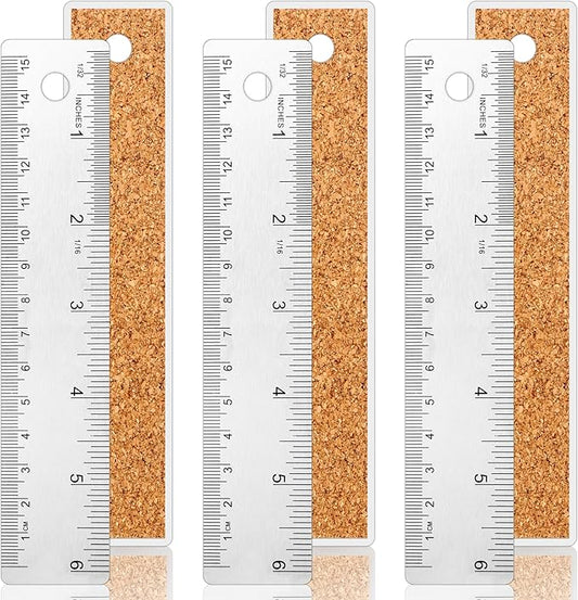 3 Pcs Stainless Steel Ruler 6 Inch Metal Ruler Straight Edge Rulers Non Slip Cork Backed Rulers with Inch and Metric Graduations for School Office Engineering Drawing(6 Inch)