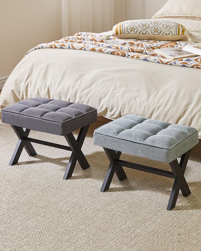 IBUYKE Small 12" H Footrest, Square Linen Foot Stool with Metal X-Leg, Multi-Use as Small Side Table, Step Stool for Living Room, Bedroom, Entryway, Office, Dark Gray WBD011G