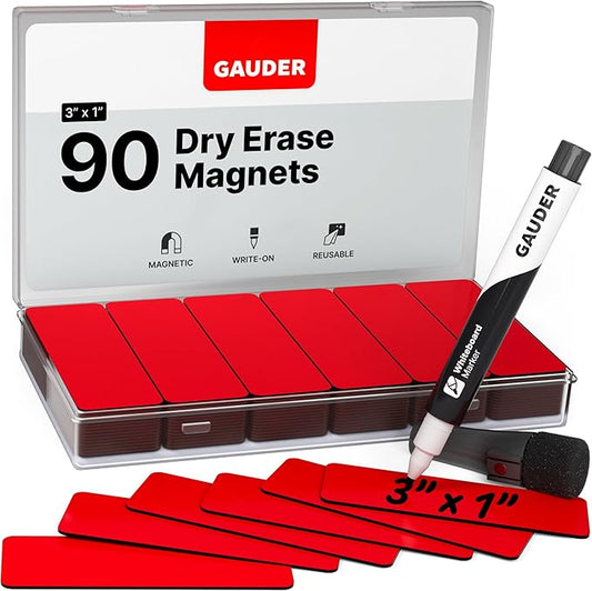 GAUDER Magnetic Dry Erase Labels | 90x Magnetic Labels (3 Inches x 1 Inch) | Dry Erase Magnets for Classroom, Whiteboard and Blackboard