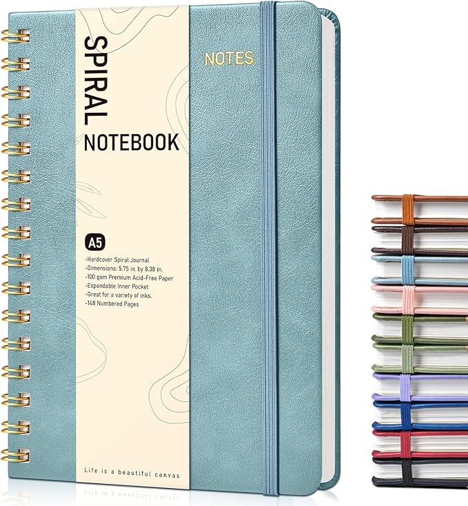 Graph Spiral Journal Notebook, A5 Hardcover Spiral Journals for Women Men, 100 GSM Graph Paper Notebooks, 150 Pages Spiral Bound Grid Notebook for Writing Note Taking Work 5.75" x 8.38", Misty Blue