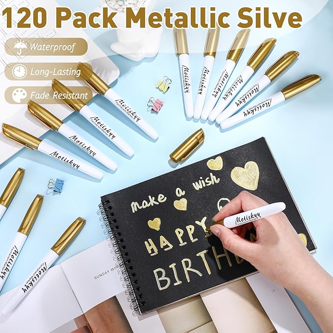 120 Pcs Metallic Permanent Markers Bulk Metallic Marker Pens Set Fine Point Metallic Markers Fine Tip Paint Markers for Gift Card Making, Artist Illustration, Industrial Marking (Gold)