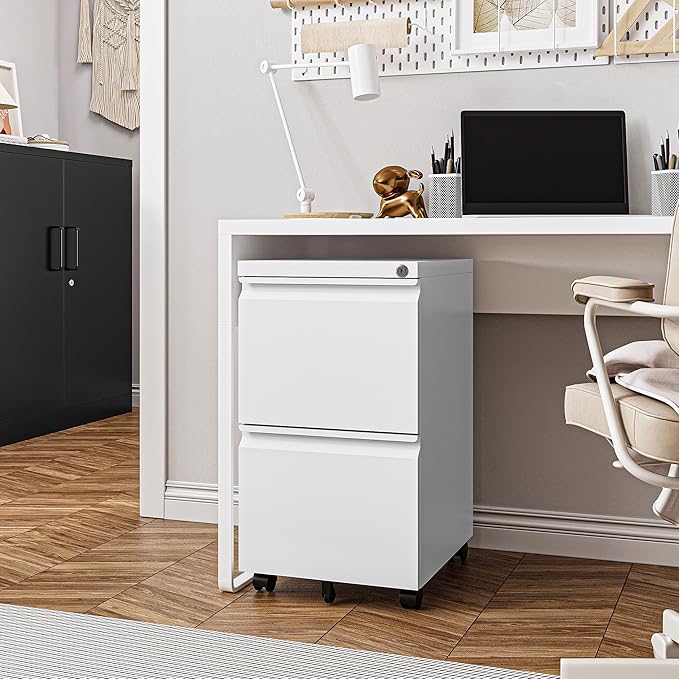 2 Drawer Mobile File Cabinet with Lock for Home Office, Small Rolling Cabinet for Legal/Letter/A4 (White)