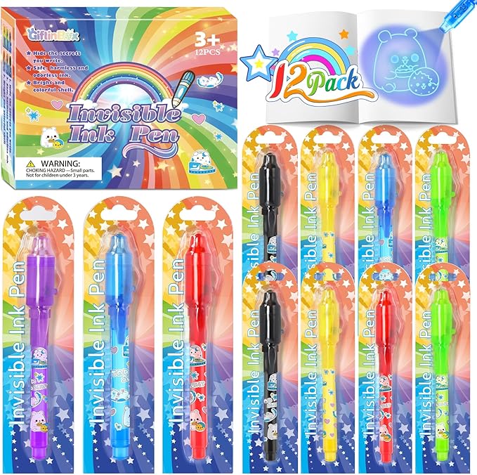 GIFTINBOX Invisible Ink Pen with UV Light for Kids, 12PCS Spy Pen Party Favors for Kids 8-12, Magic Marker for Secret Message, School Supplies Birthday Goody Bag Stuffers for Boys Girls