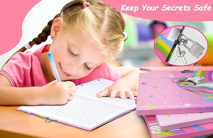 GINMLYDA Girls Diary with Lock for Kids, 7x5.25 Inches 160 Lined Pages Secret Unicorn Notebook for Girls Journal with Lock for Kids Pre School Writing Drawing Cute Girls Gifts for Birthday