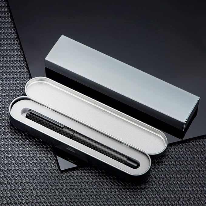 Hongdian 1861 Black Forest Carbon Fiber Fountain Pen, Long Blade Nib Modern Design Smooth Writing Pen with Converter and Metal Pen Case Set