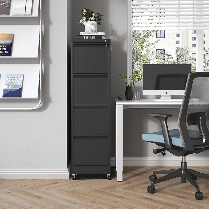 4 Drawer Mobile File Cabinet, Metal Filing Cabinet with Lock and Wheels, Home Office Rolling File Cabinets for Legal/Letter Hanging File Folders, Un-Assembled (Black)