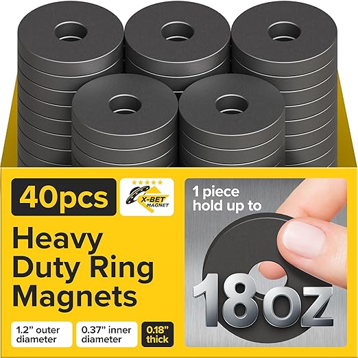 Heavy Duty Ring Magnets - Ultra Strong 1.2" Magnets with Holes for DIY & Crafts - Space Organization Set for Home, Kitchen, Workshop (40 pcs)