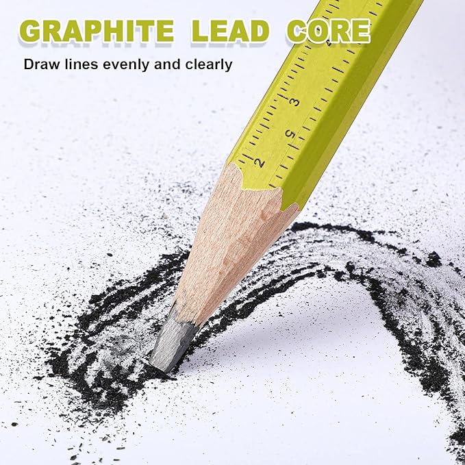 Honoson 200 Pcs Flat Construction Pencils with Printed Ruler Wood Graphite 2 Pcs Carpenter Pencil Sharpener for Woodworking Marking Tool(Yellow)