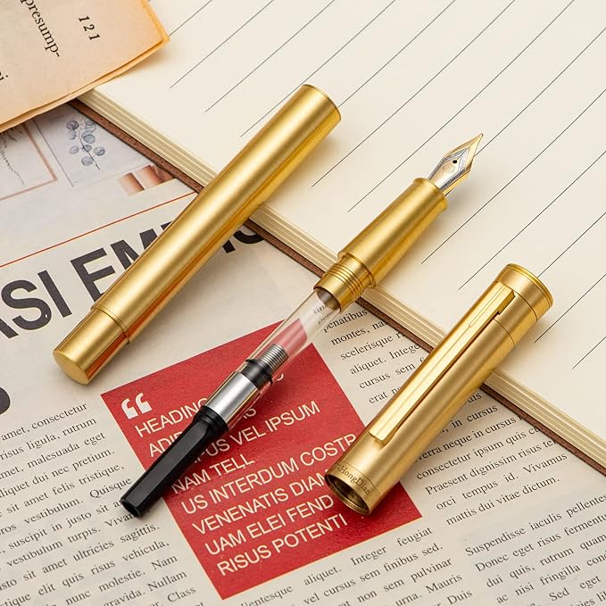Hongdian Solid Brass Fountain Pen Medium Nib Classic Design Smooth Writing Copper Pen with Ink Refill Converter and Pen Box Set