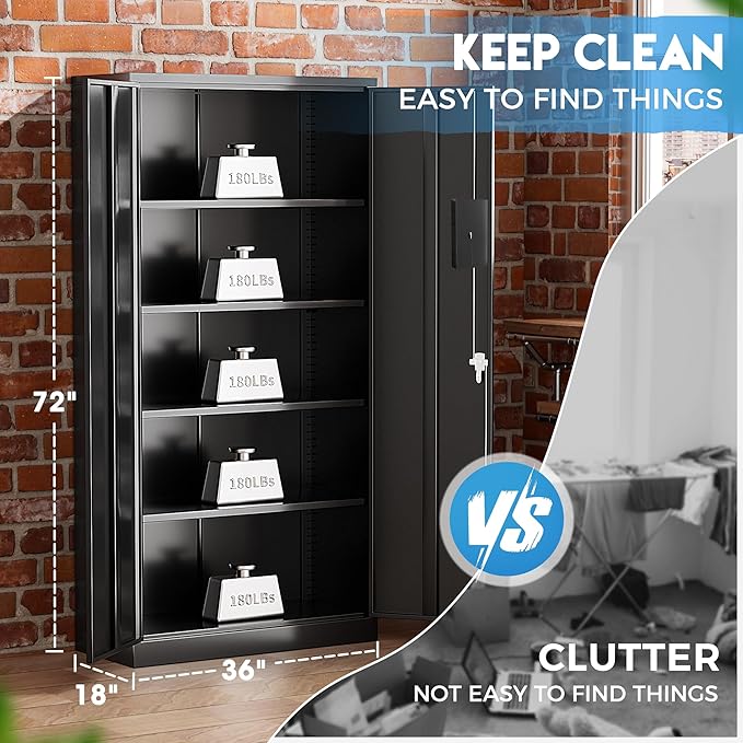 Greenvelly Metal Storage Cabinets 72” Black Garage Steel Storage Cabinet with Doors and Shelves, Metal Tool Cabinet, Steel File Cabinet for Home Office, Basement, Warehouse, Classroom（Anti Tipping）