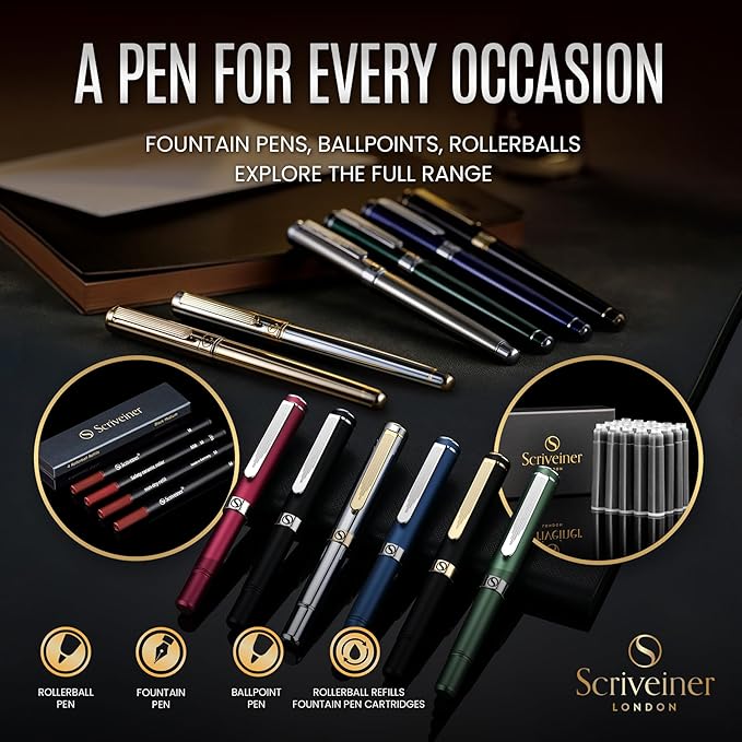 Scriveiner Silver Chrome Ballpoint Pen - Stunning Luxury Pen, Real Gold Plating, Schmidt Black Refill, Best Ball Pen Gift Set for Men & Women, Professional, Executive, Office, Nice, Fancy Pens
