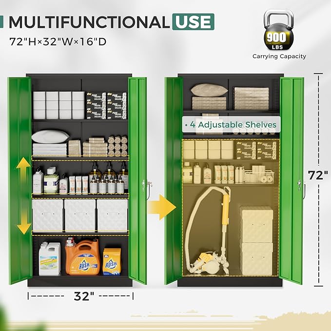 Greenvelly Metal Garage Storage Cabinet, 72" Tall Steel Storage Cabinets with Doors and Adjustable Shelves, Metal Tool Cabinets, Locking File Cabinet for Home Office, Garage, School (Black&Green)