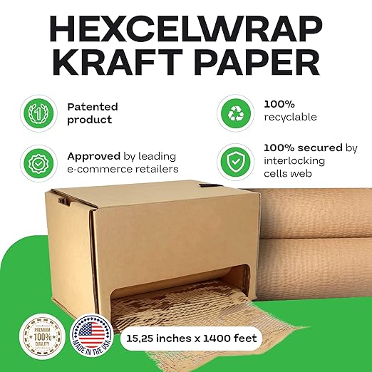 IDL Packaging Original HexcelWrap Honeycomb Packing Kraft Paper 15.25" x 1400' Roll in Self-Dispensed Box, Brown - The First Patented Interlocking Slit Paper Design for Shipping