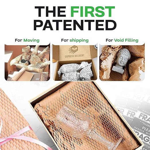 IDL Packaging Original HexcelWrap Honeycomb Packing Kraft Paper 15.25" x 300' Roll in Self-Dispensed Box, White - The First Patented Interlocking Slit Paper Design for Shipping