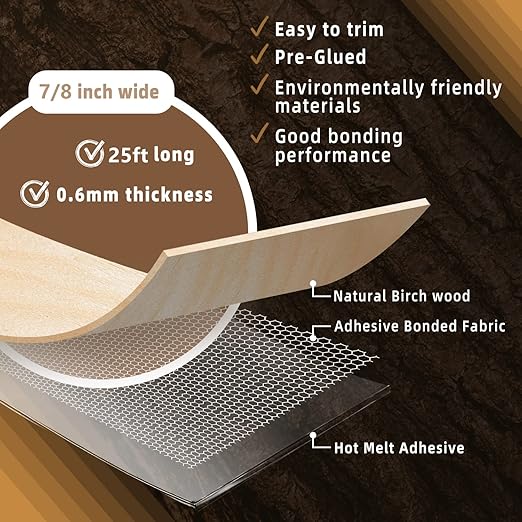 GSCIT Club Birch Edge Banding, 7/8 inch x 25ft roll of Veneer Edge Banding - Pre-glued Flexible, Real Wood Tape for Cabinet Repair & Furniture Restoration