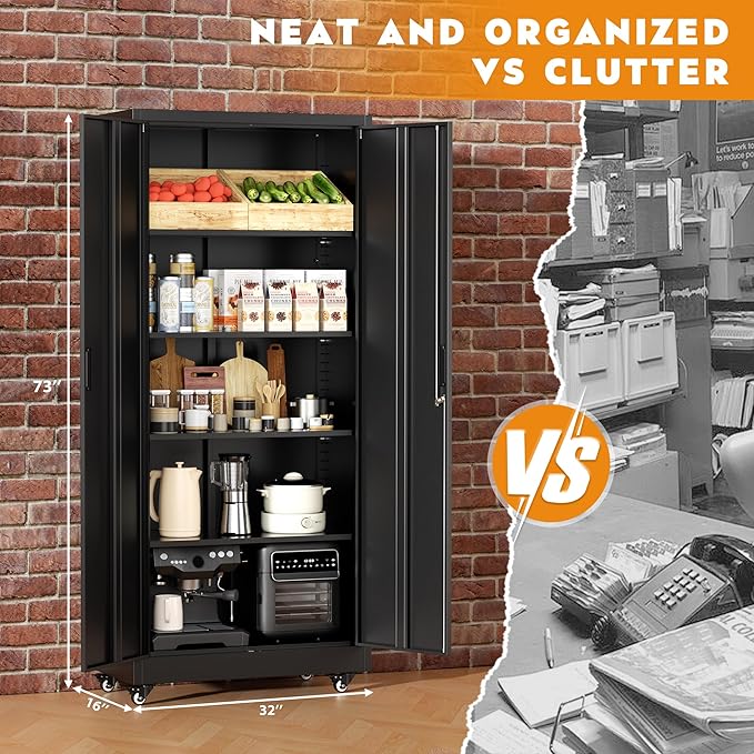 Greenvelly 74" Metal Storage Cabinet with Wheels, Lockable Rolling Metal Garage Cabinets with 2 Doors and 4 Adjustable Shelves, Rolling Tool Cabinet for Garage, Home Office, School