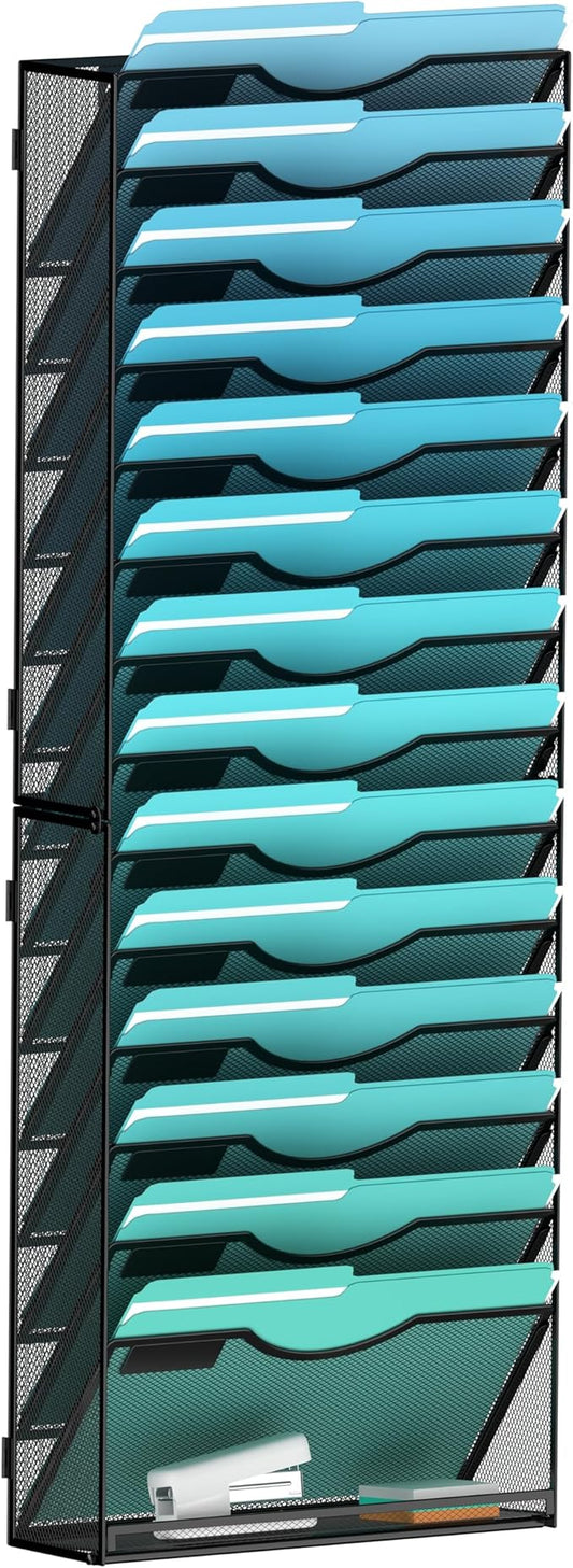 15-Tier Wall File Organizer Hanging Wall File Holder Wall Mount Paper Folder Organize, Mesh Magazine Document Mail Organizer Wall Organizer for Office School Home, Black