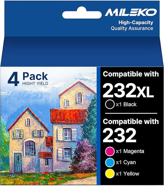 232XL Ink Cartridges Combo Pack Remanufactured Replacement for Epson 232 Ink Cartridge for Epson 232 232XL 232 XL T232 to use with Epson XP-4205 XP-4200 Workforce WF-2930 WF-2950 Printer (4 Pack