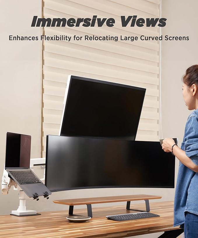 Heavy Duty Monitor Arm for Ultrawide Monitors up to 57" and 44 lbs, Single Desk Stand, Pneumatic Height Adjustable, Modular Extension Arms - Max VESA 100x100, White, MA20PW-S