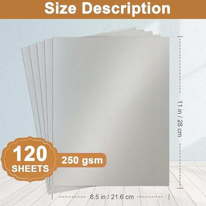 120 Sheets Shimmer Silver Cardstock 8.5 x 11 Craft Paper, 250gsm/92lb Heavyweight Certificate Paper Card Stock for DIY Card Making, Wedding Invitations, Thank You Cards, Business Cards