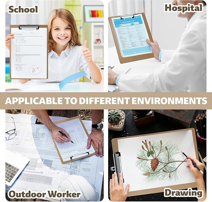 24 Pack Clipboards Bulk, Standard A4 Letter Size Wooden Hardboard Office Clipboard for Classroom, Work-Meetings, with Low Profile Clip, 12.5 x 9 Inch