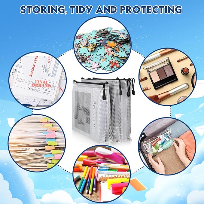 200 Pcs A4 Mesh Zipper Pouch Bulk Waterproof Mesh Zipper Organizer Plastic File Folder Case for School Office Supplies Document Board Games Puzzle(Black)