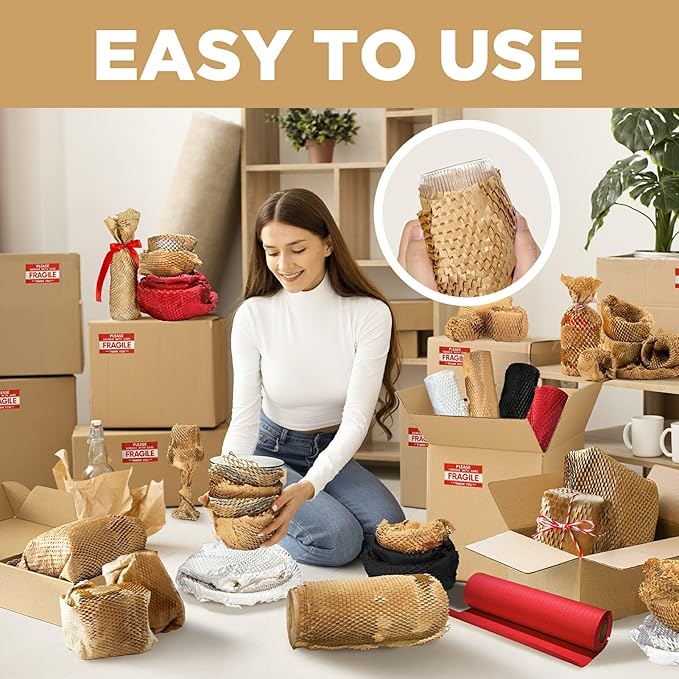 Honeycomb Packing Paper, 12"x400' Brown | Perforated Honeycomb Packing Paper Recyclable Moving Supplies for Shipping & Moving | Plastic-Free Alternative to Bubble Cushion Wrap with 36 Fragile Stickers