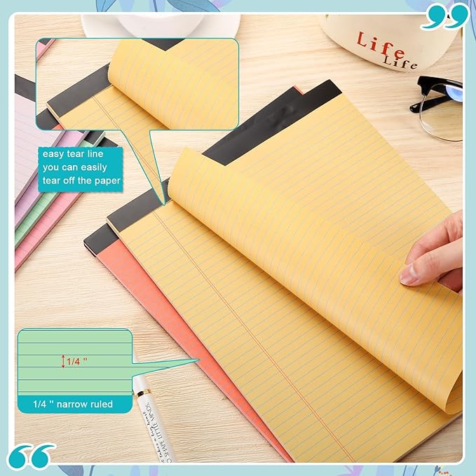 Fuutreo 8 Pcs 8.5'' x 11'' Colored Legal Pad Writing Pads Narrow Ruled 50 Sheets Per Notepad Perforated Writing Notepad Office Supplies for College Office Business (Candy Color)