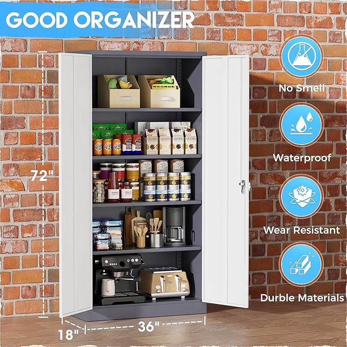 Greenvelly Metal Garage Storage Cabinet, Locking Steel Cabinet with 2 Doors and 4 Adjustable Shelves, Metal Tool Cabinets, Lockable File Cabinet for Home Office, Garage, School (Gray White)