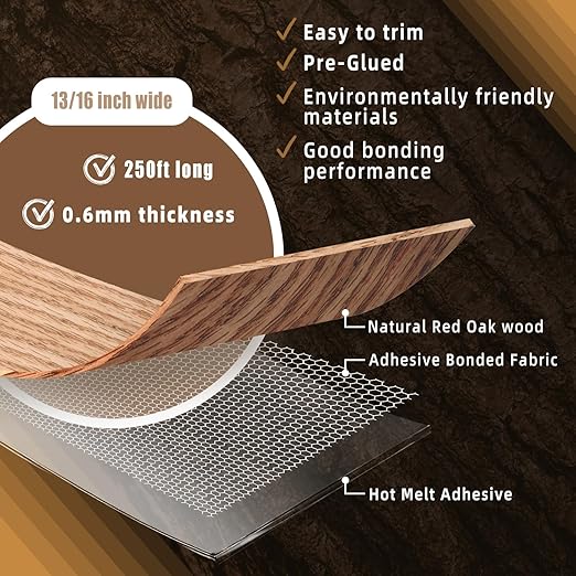 GSCIT Club Red Oak Edge Banding, 13/16 inch x 250ft roll of Veneer Plywood Edge Banding Preglued Flexible, Wood Tape Banding for Cabinet Repair